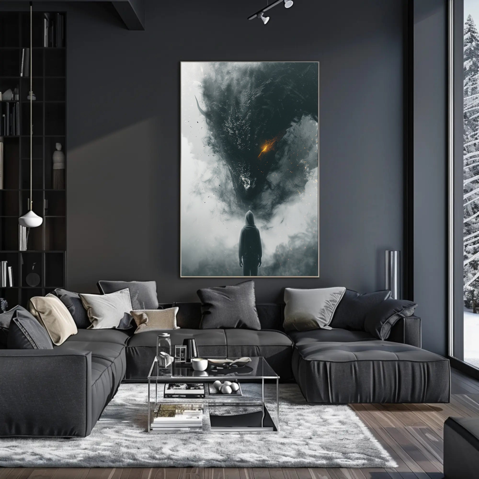 Dragon Confrontation: Dark Fantasy Art Poster PosterGoat