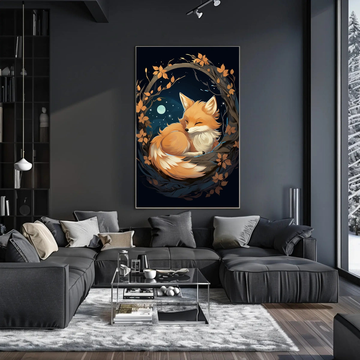Moonlit Serenity Fox Autumn Leaves Digital Painting Poster