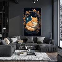 Moonlit Serenity Fox Autumn Leaves Digital Painting Poster