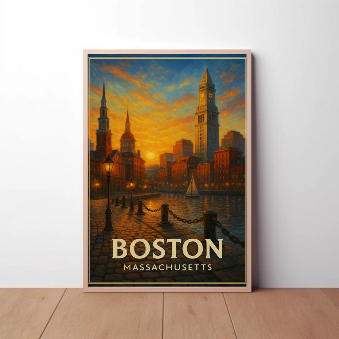 Boston Massachusetts Sunset Harbor Cityscape Travel Poster