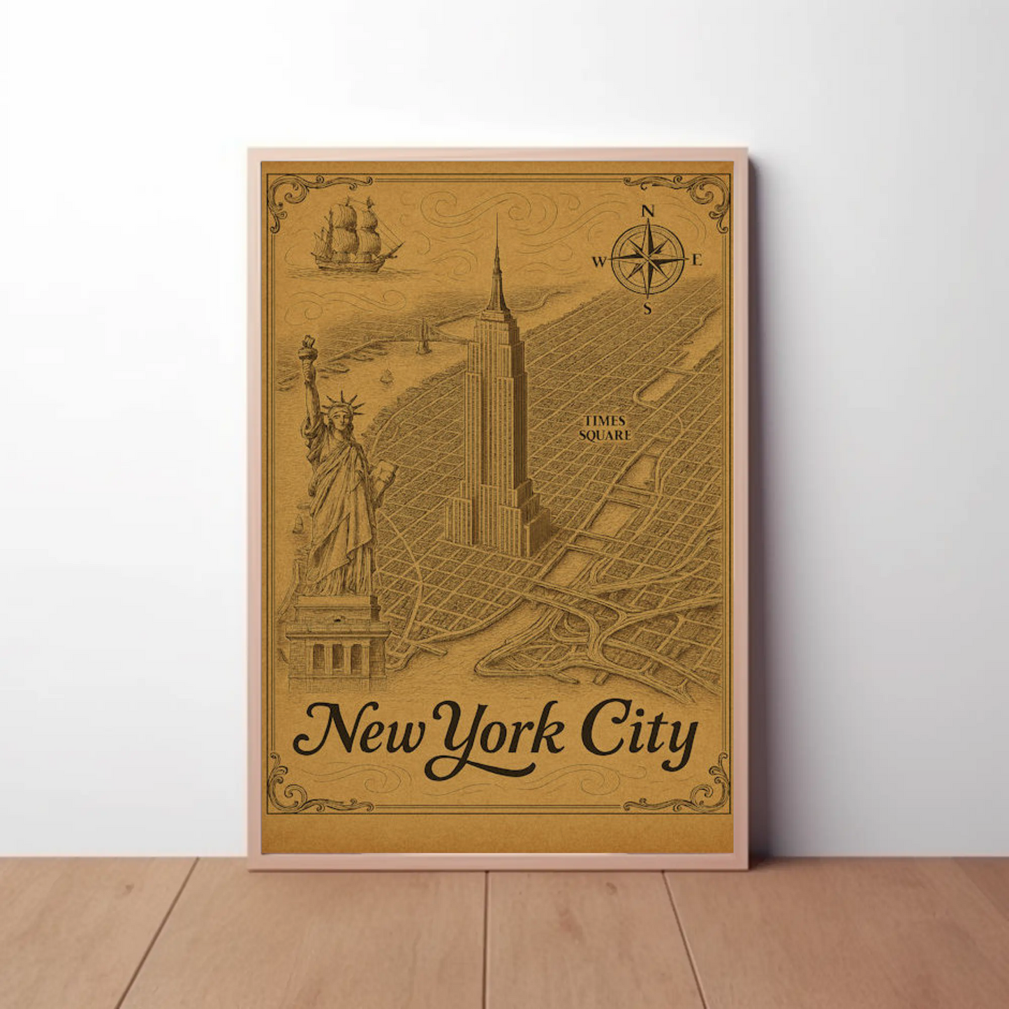 New York City Empire State Building Times Square Map Travel Poster