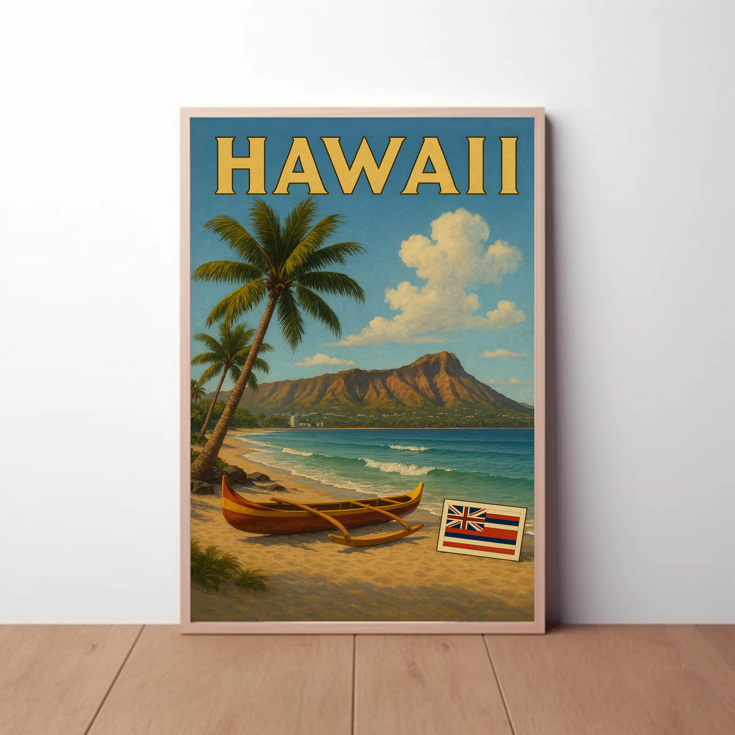 Hawaii Canoe Flag Diamond Head Ocean View Travel Poster