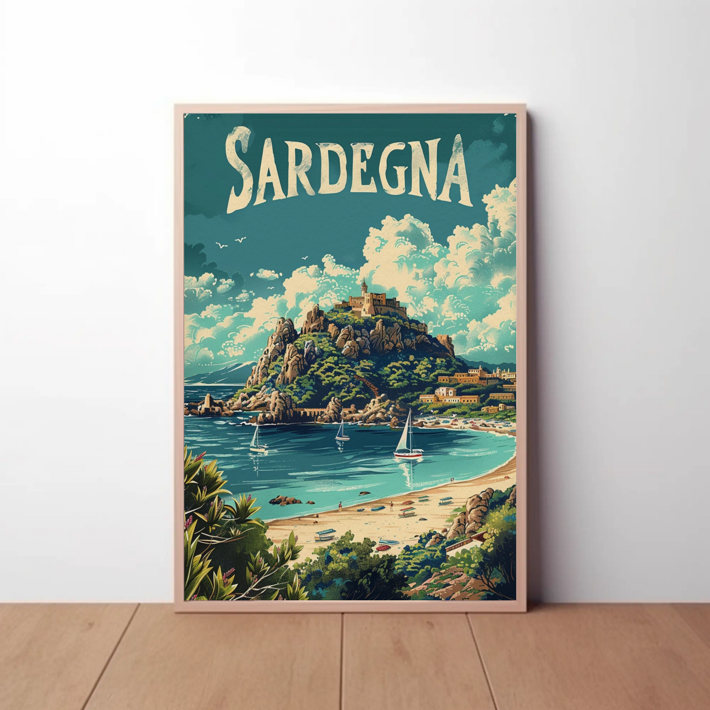 Sardegna Coastal Castle Beach Travel Poster