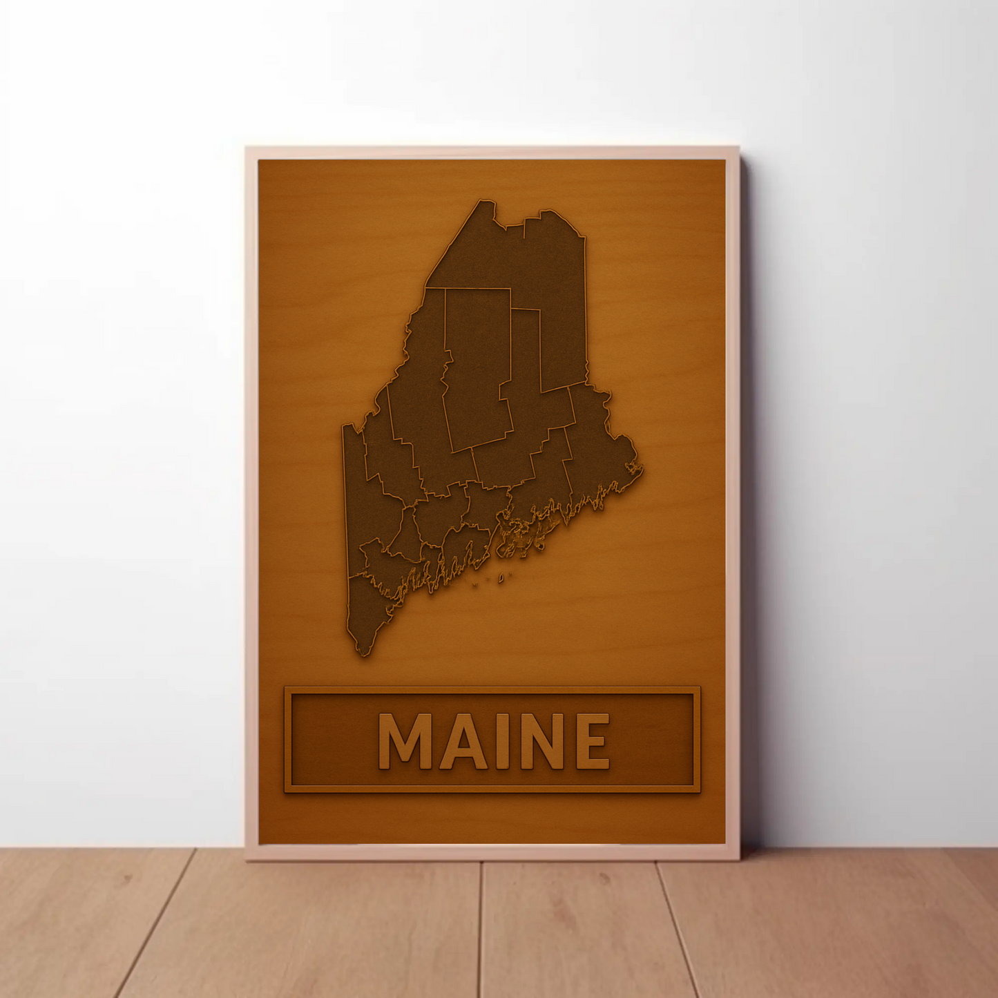 Maine Wooden Engraved State Outline Vintage Travel Poster