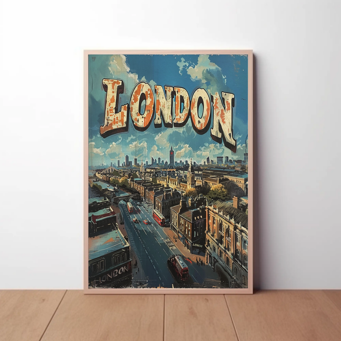 London Rooftop Cityscape Red Bus Skyline Travel Poster