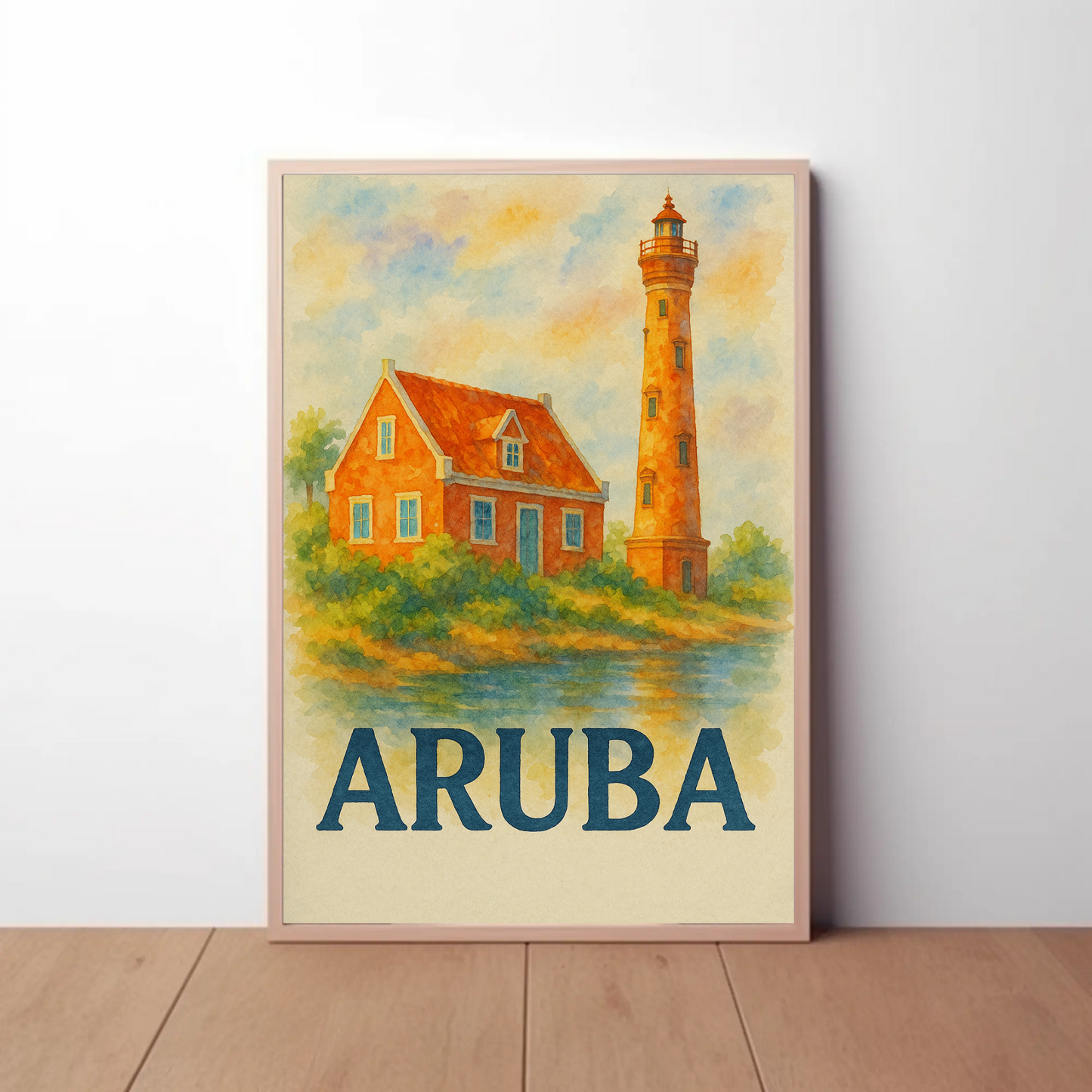 Aruba Lighthouse Ocean Hut Sunset Travel Poster