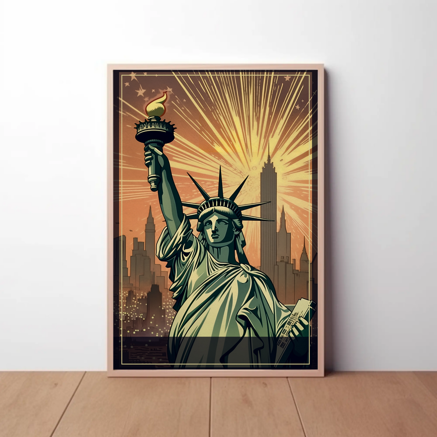 Statue Of Liberty Fireworks Skyline Travel Poster