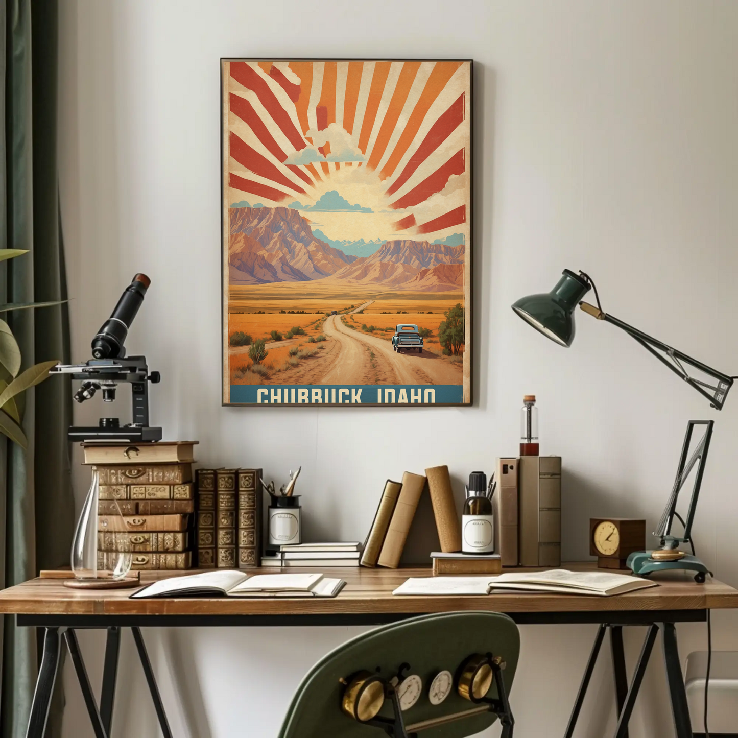 Chubbuck Idaho Sunset Road Desert Mountains Vintage Travel Poster