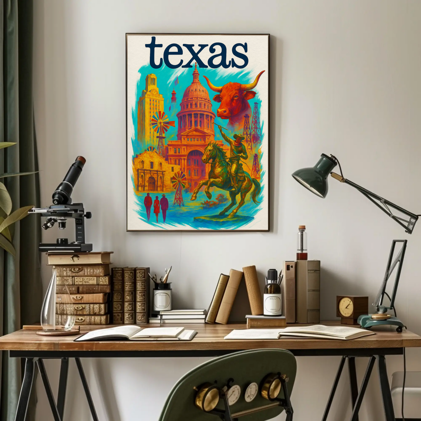 Texas Capitol Cowboy Longhorn Windmill History Vintage Travel Poster