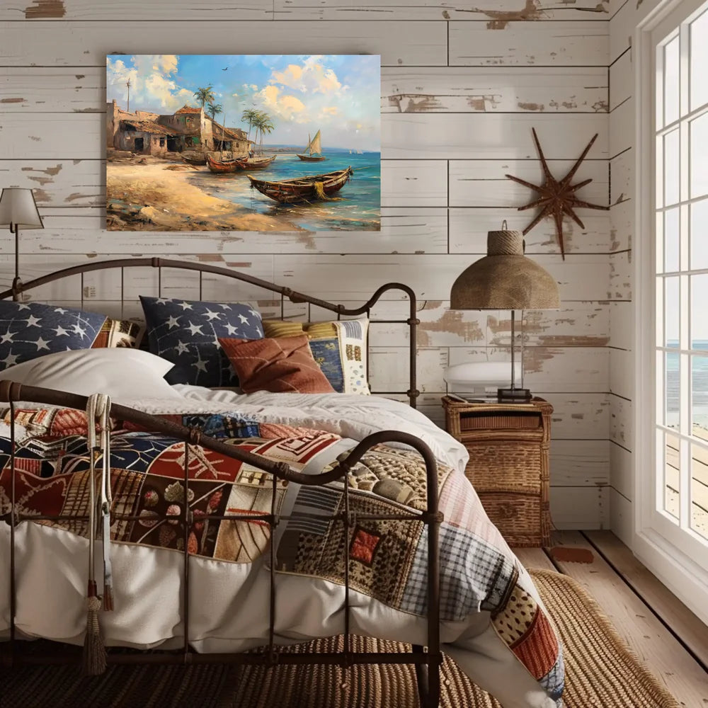 Serene Coastal Village Vintage Art Poster