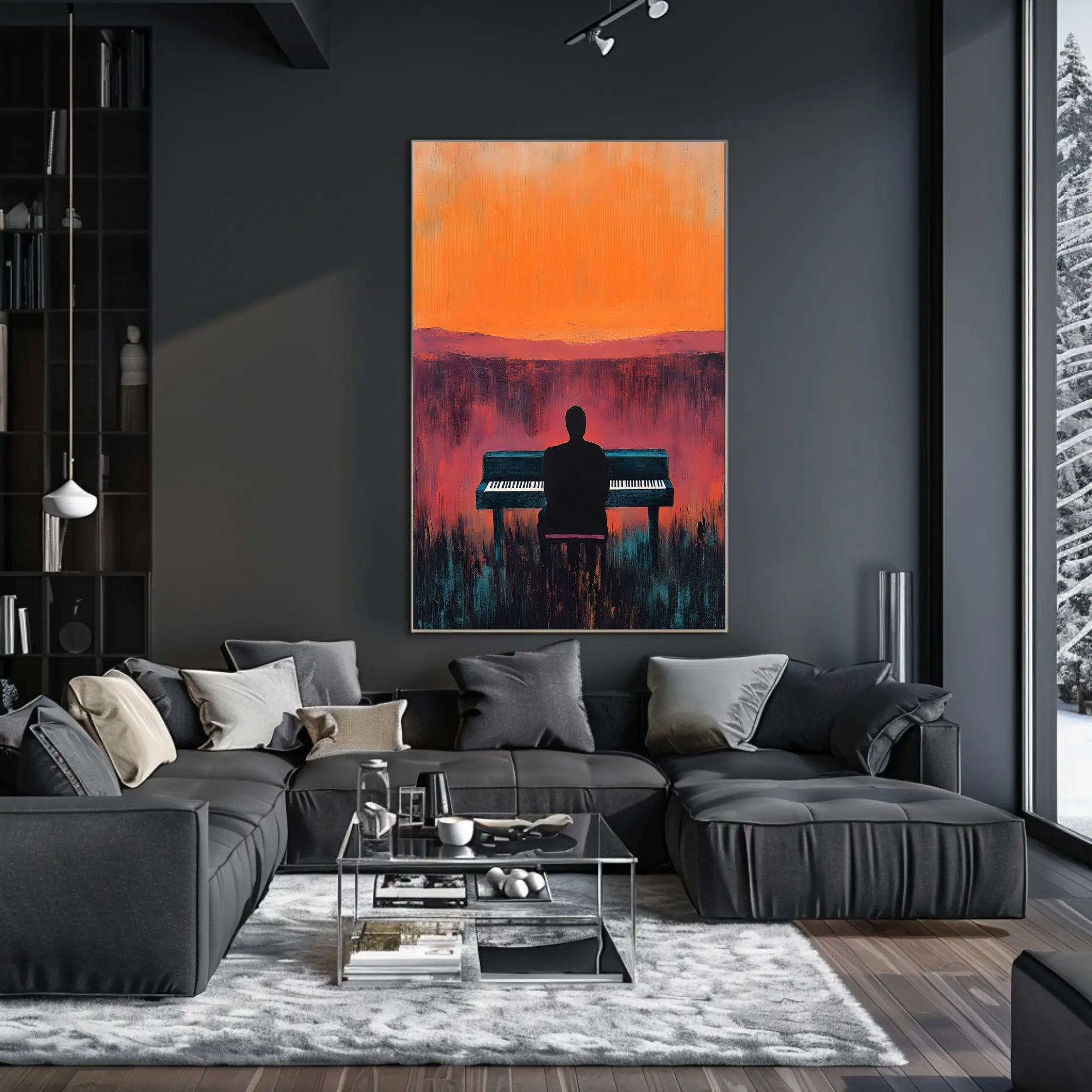 Piano Silhouette Sunset Poster Wall Art Atmospheric