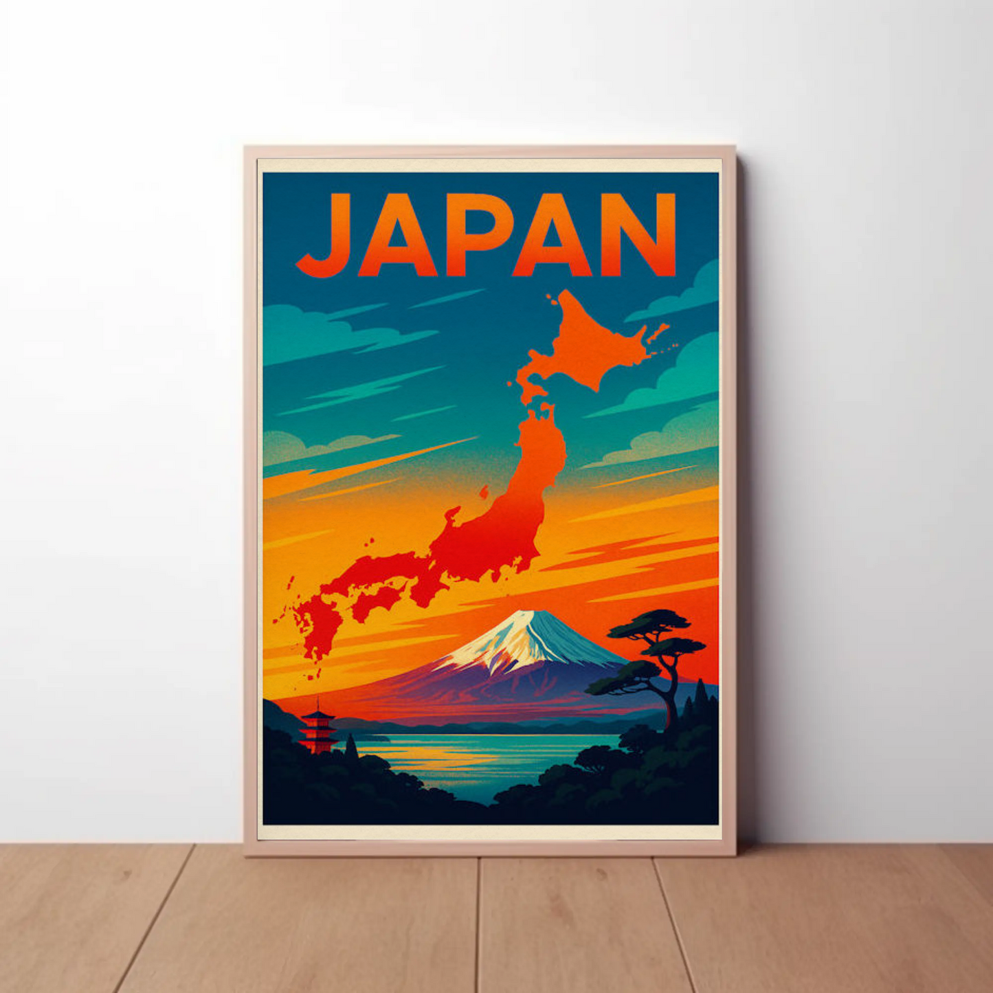 Japan Mount Fuji Map Sunset Travel Poster Poster