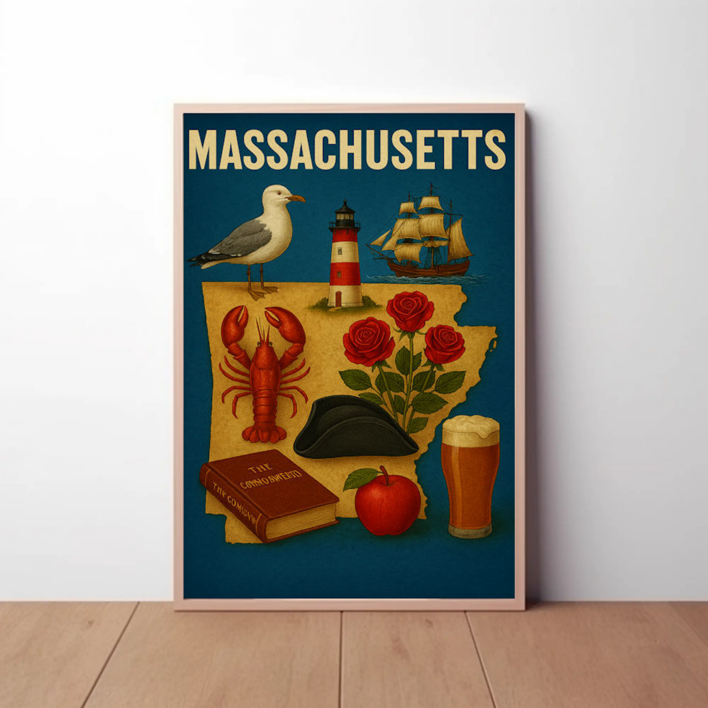 Massachusetts Symbols Map Lobster Ship Hat Poster