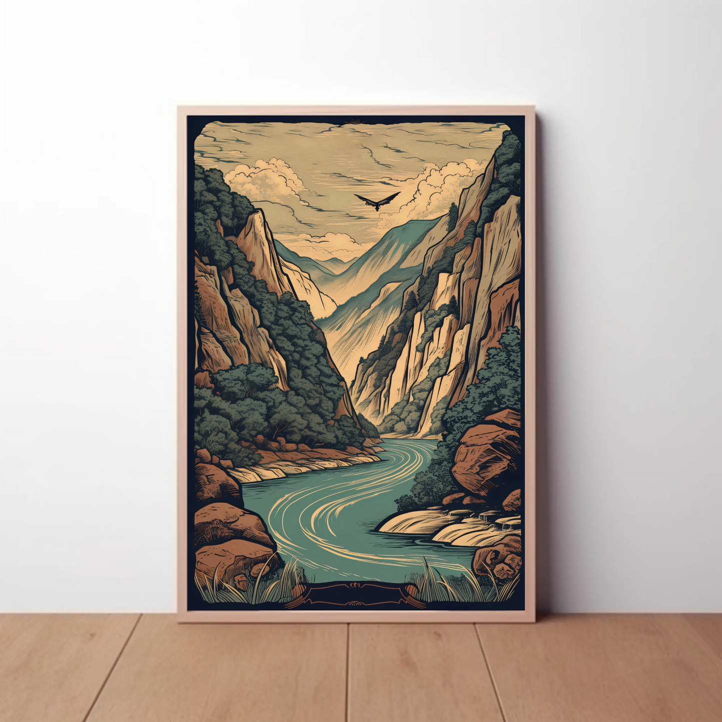 Canyon River And Soaring Bird Travel Poster