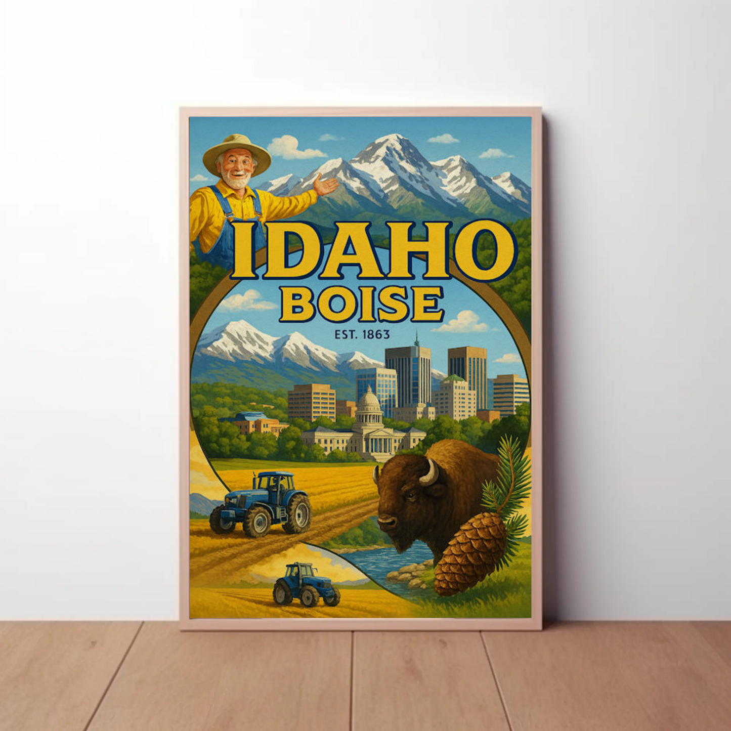 Boise Idaho Cityscape Buffalo Mountain Farm Travel Poster