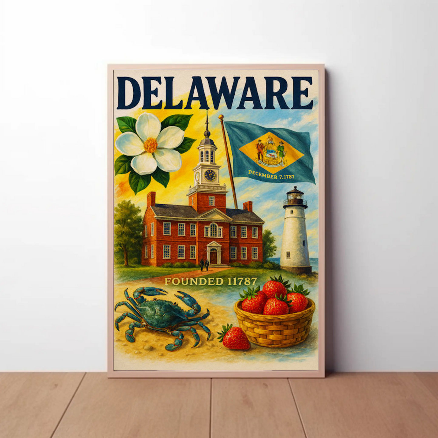 Delaware Flag Crab Strawberries Travel Poster