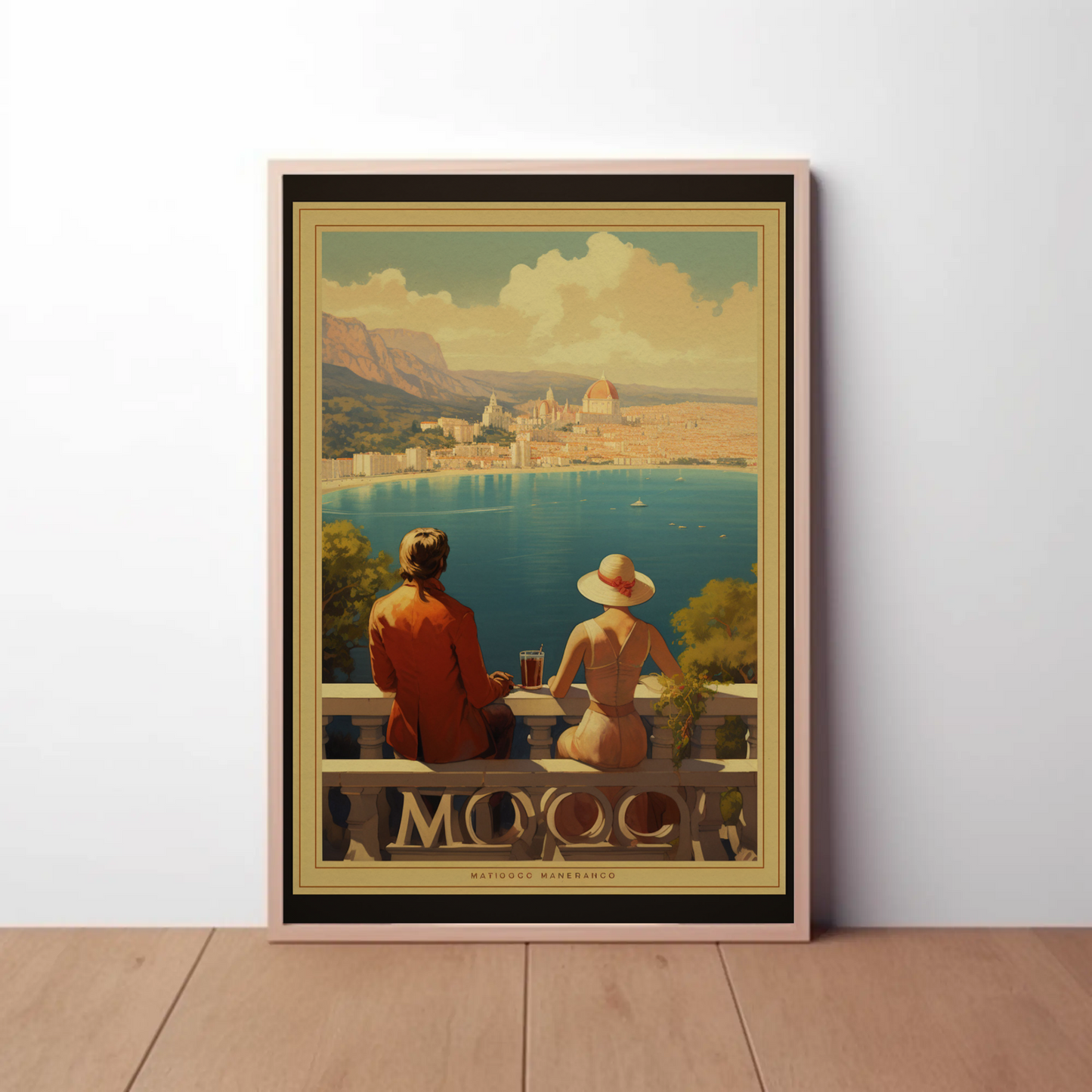 Romantic Coastal City Balcony Couple View Sunset Travel Poster