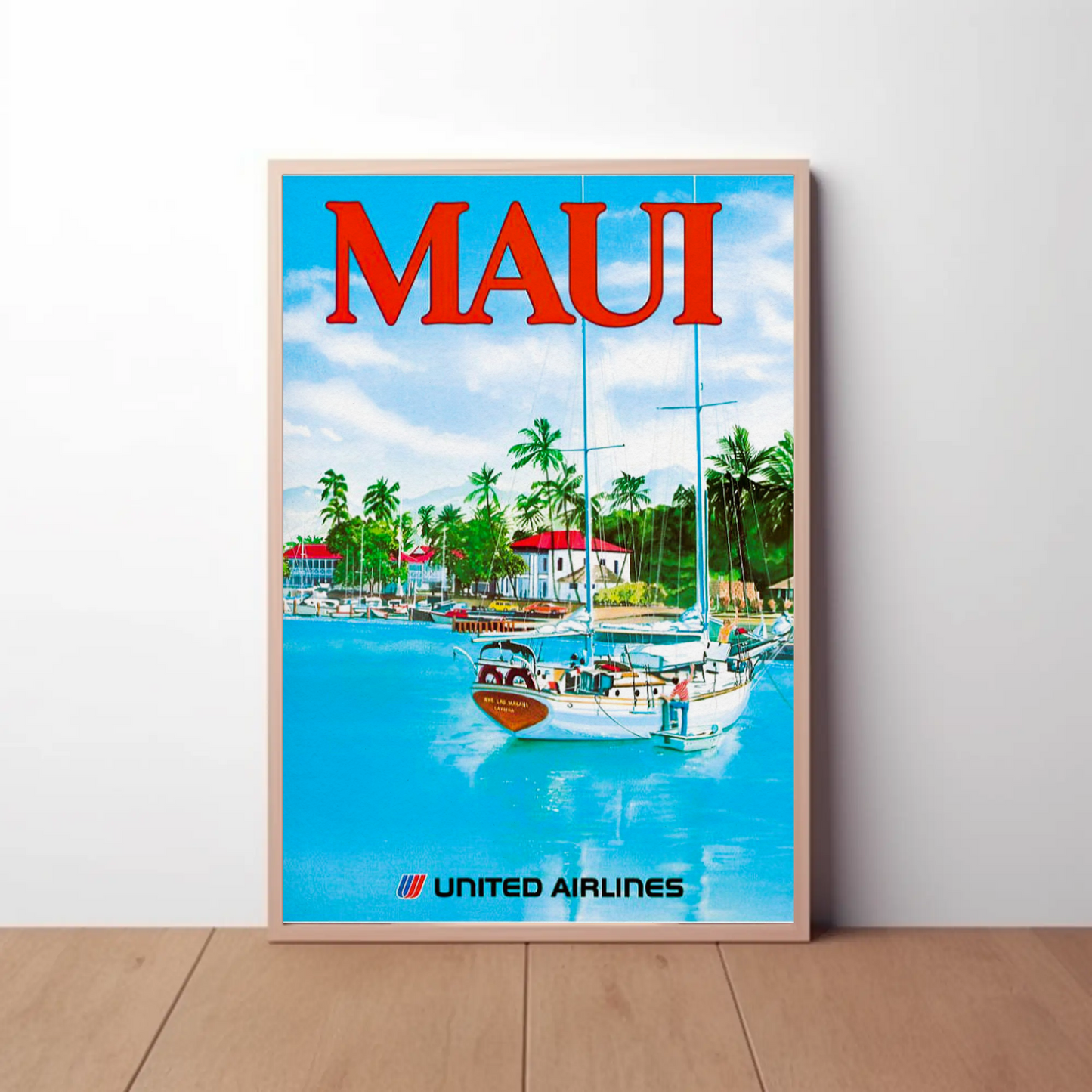 Maui Hawaii Harbor Sailboats Airlines Travel Poster