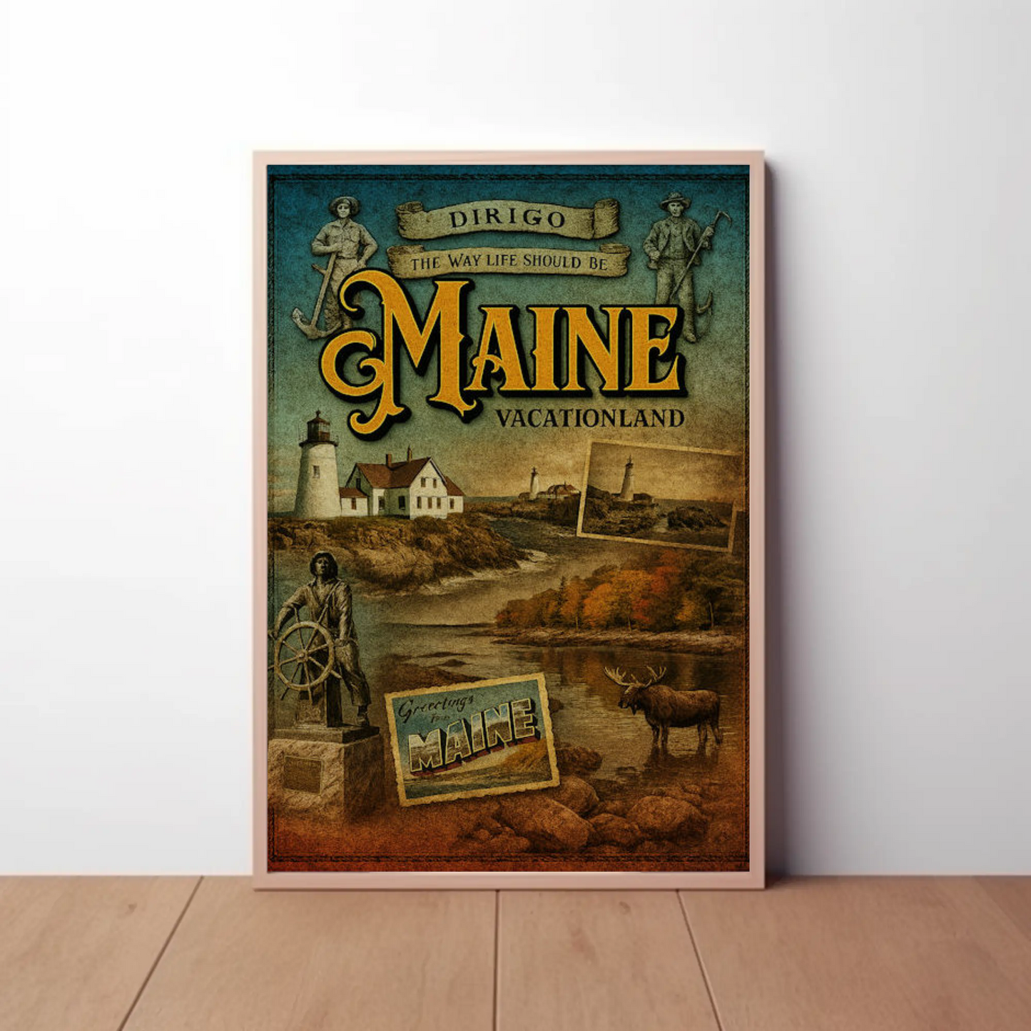 Maine Vacationland Vintage Postcard Style Travel Poster