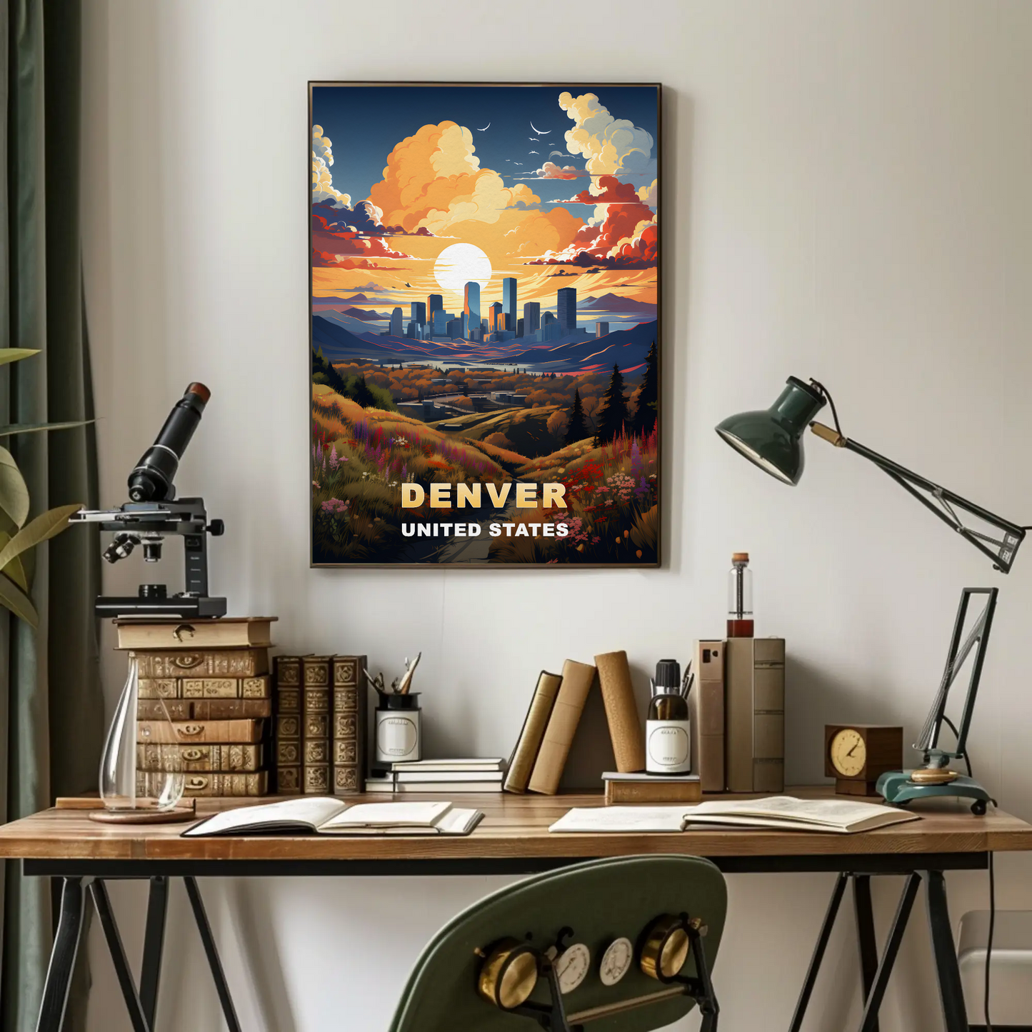 Denver Sunset Skyline Mountains Vintage Travel Poster