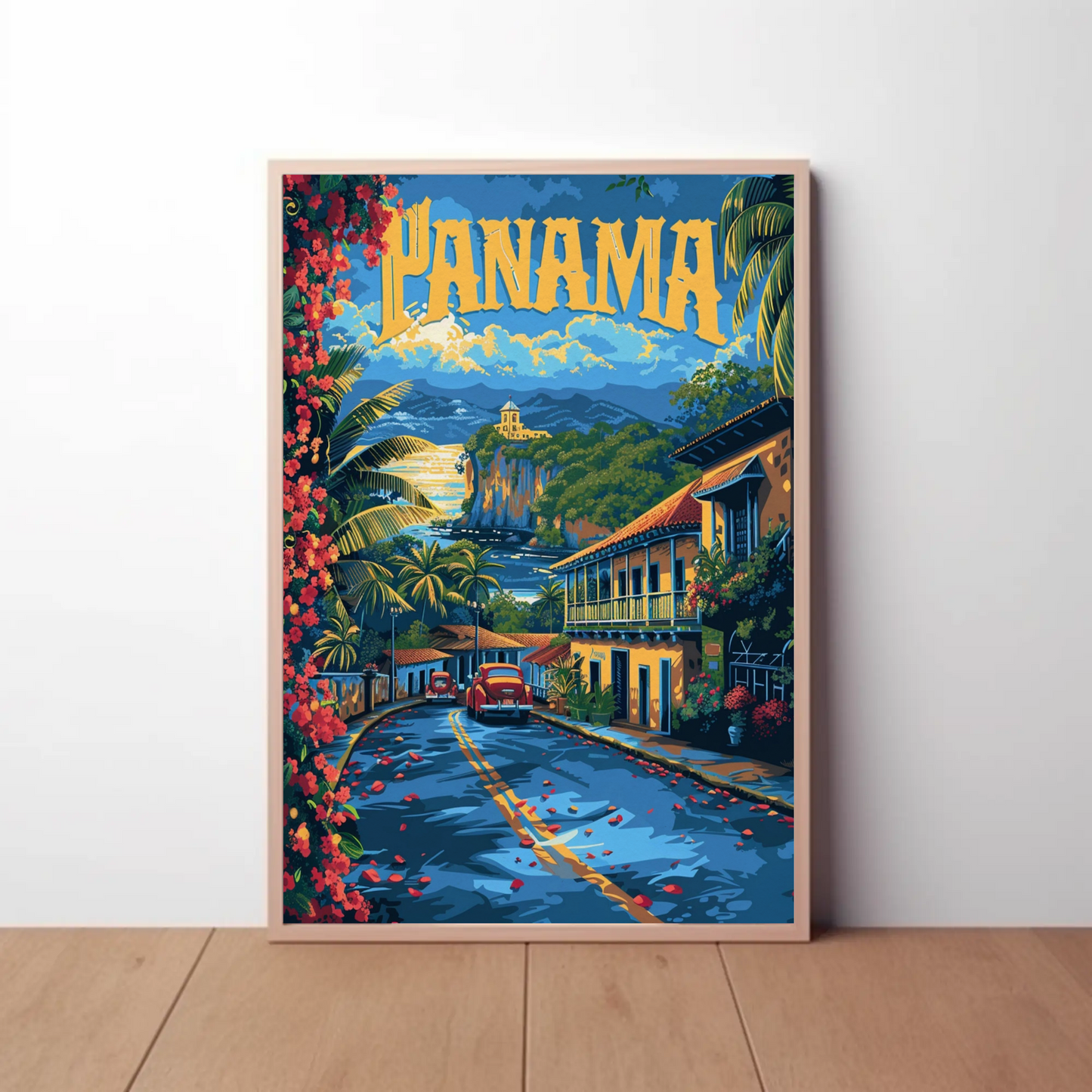 Panama Coastal Cliffs Village Retro Street View Travel Poster
