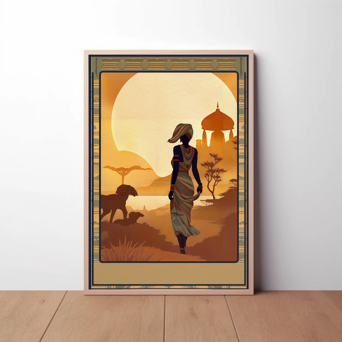 African Woman Wildlife Sunset Silhouette Travel Poster