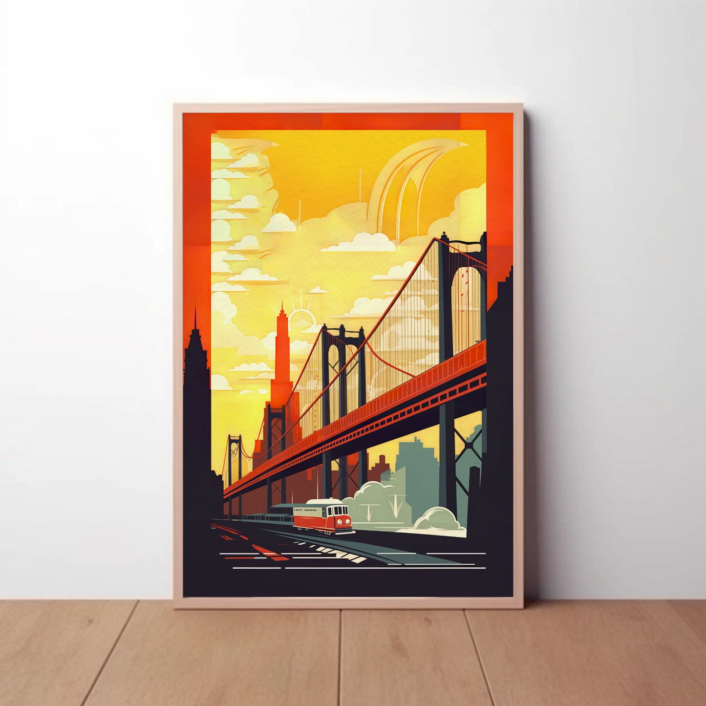 Golden Bridge City Transit Scene Travel Poster