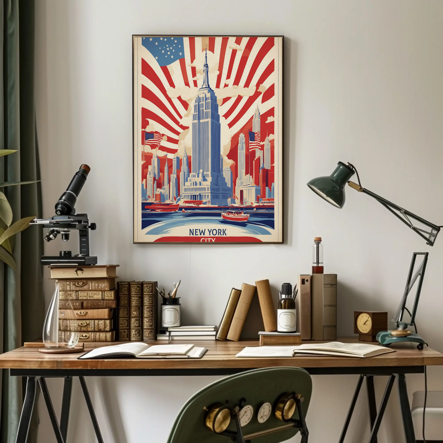 New York Empire Skyline Flags Vintage Travel Poster