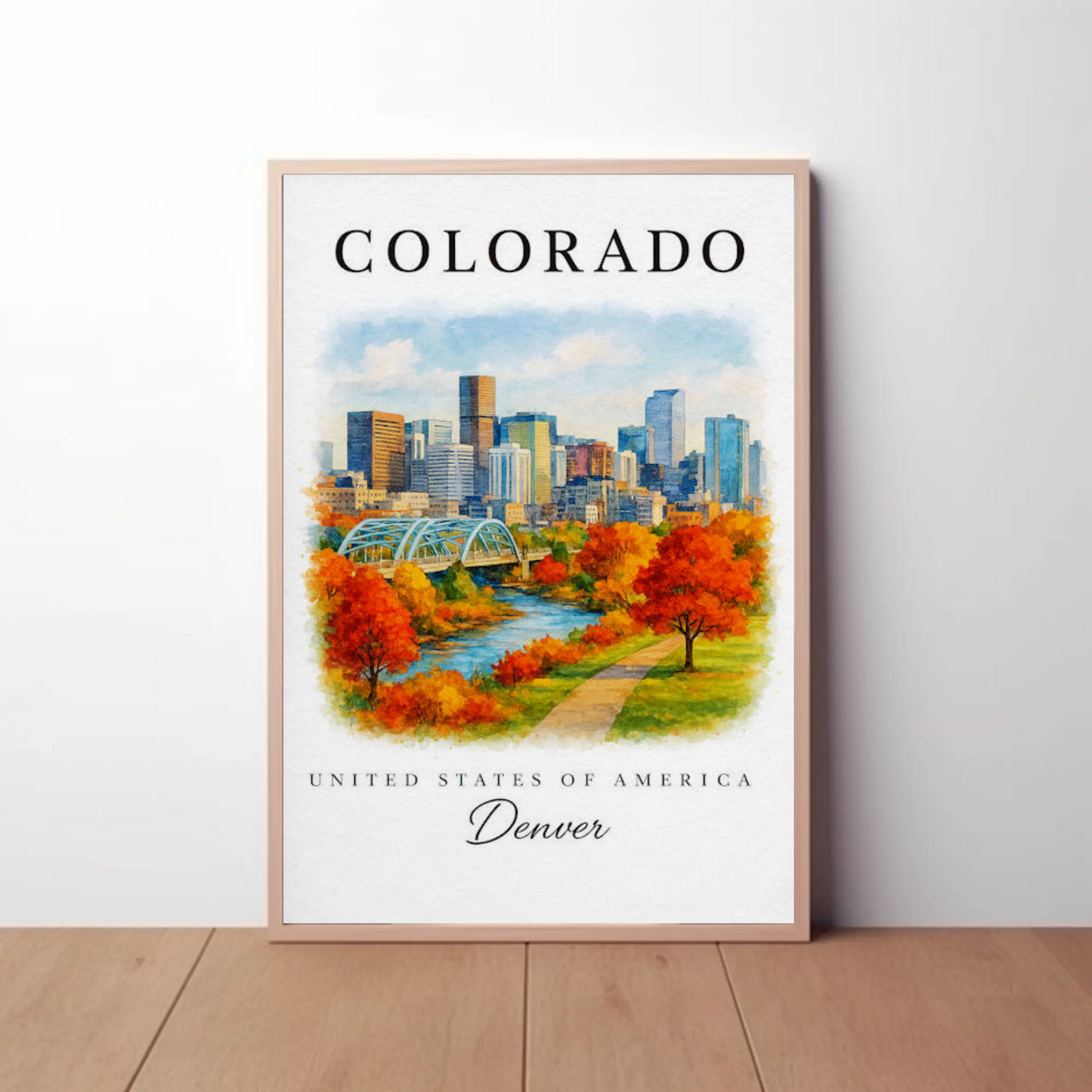 Denver Skyline Autumn Path River Travel Poster