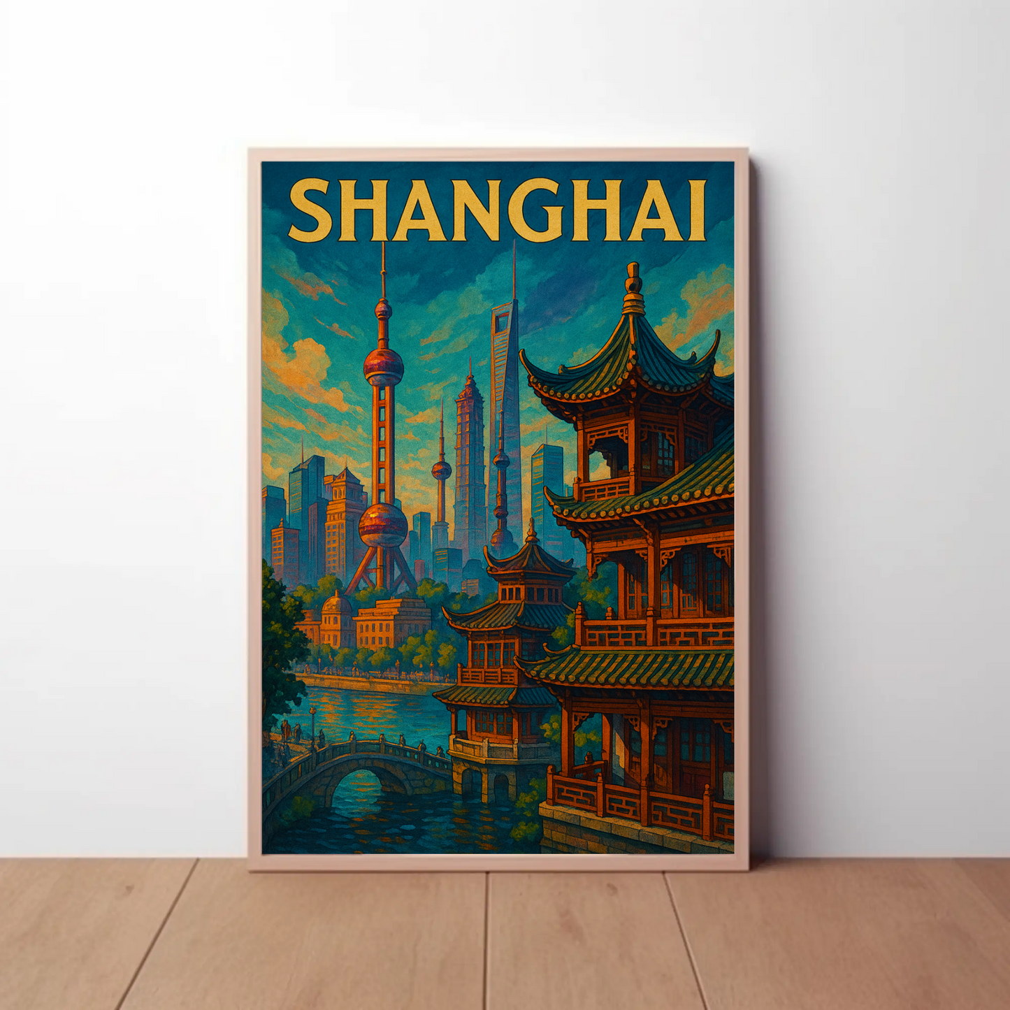 Shanghai Skyline River Pagoda Travel Poster