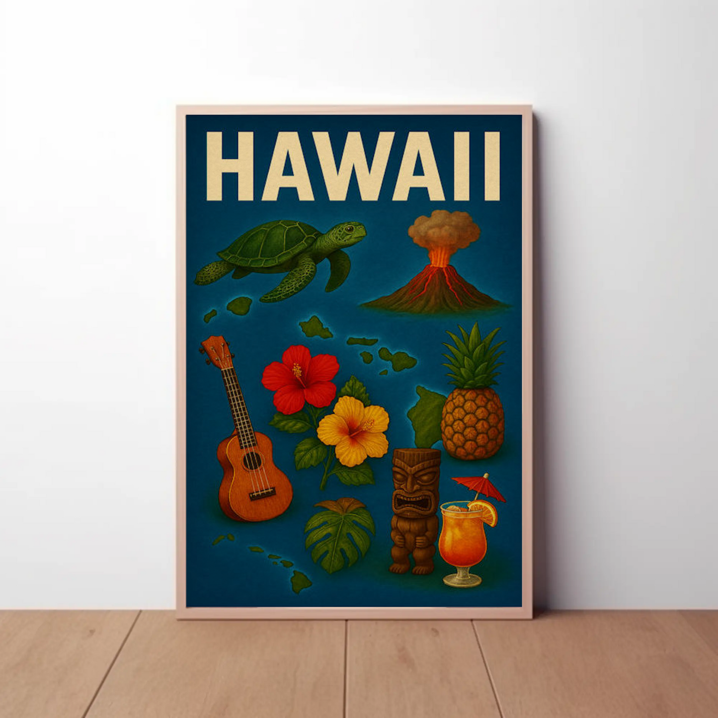 Hawaii Island Symbols Vintage Travel Poster