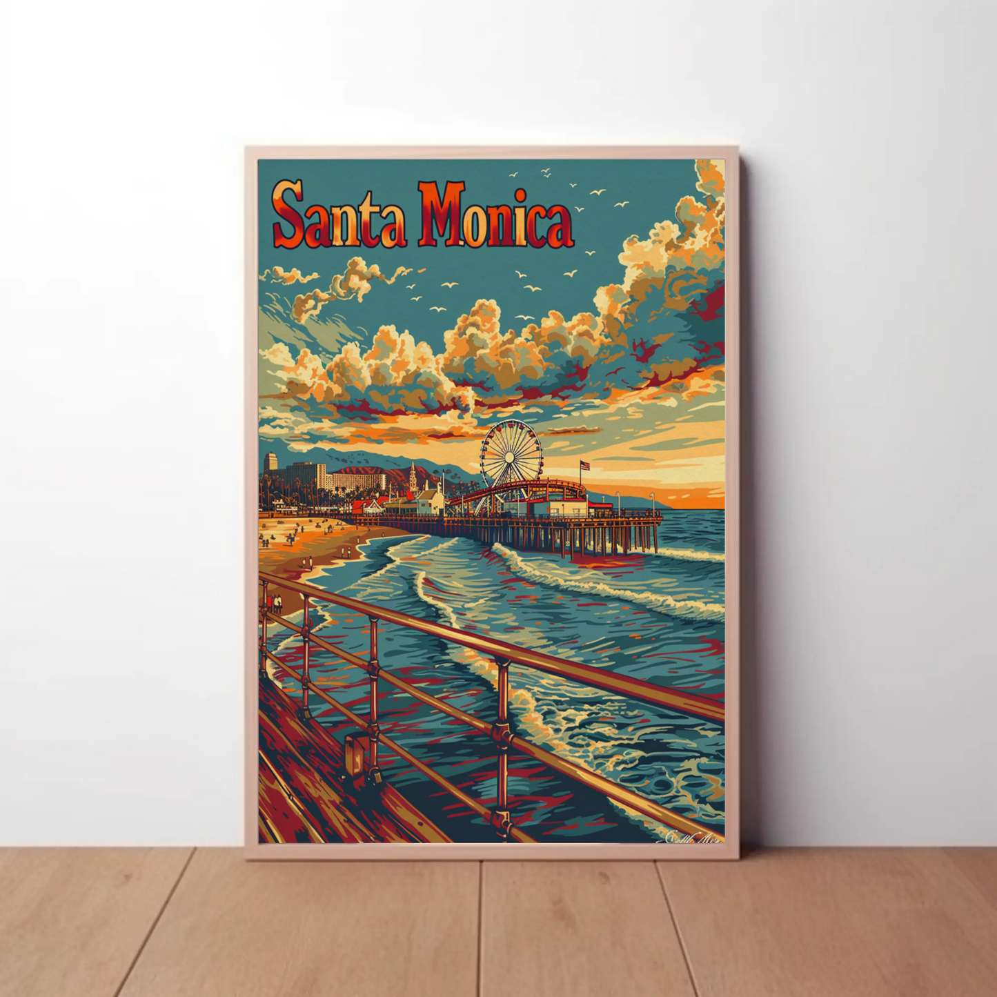 Santa Monica Sunset Pier and Surf Travel Poster