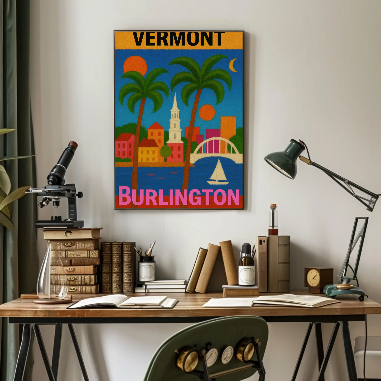Vermont Burlington Palm Trees Church Sailboat Vintage Travel Poster
