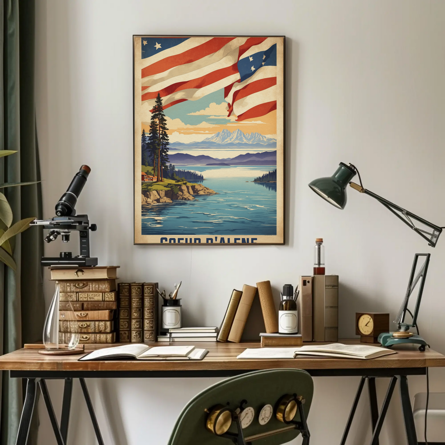 Coeur d'Alene Idaho Lake Mountains Flag Vintage Travel Poster