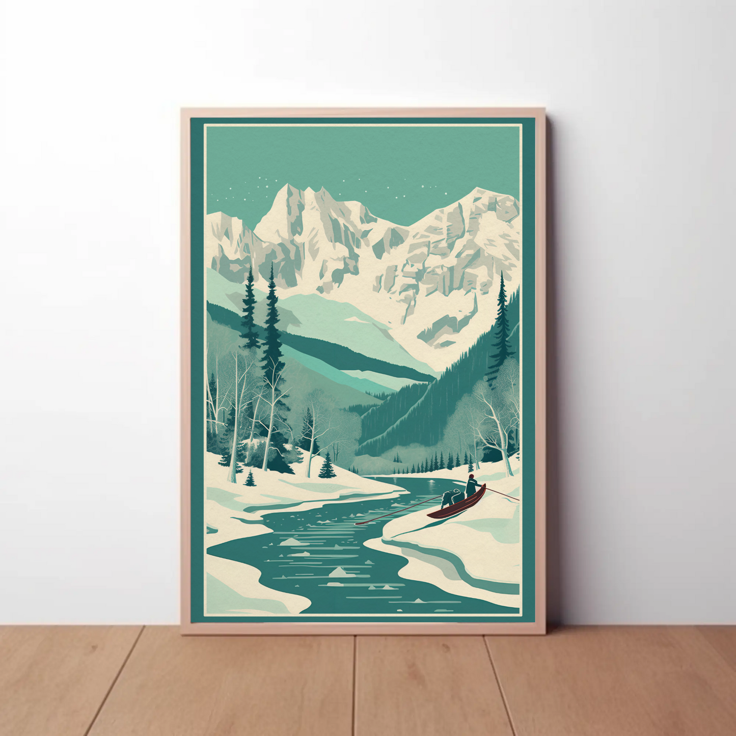 Snowy Alpine Mountain Rowboat Scene Travel Poster