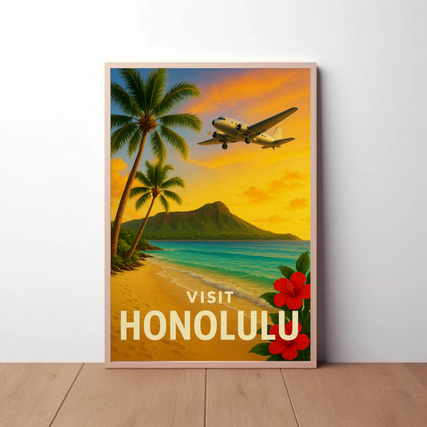 Visit Honolulu Hawaii Vintage Plane Palm Beach Travel Poster