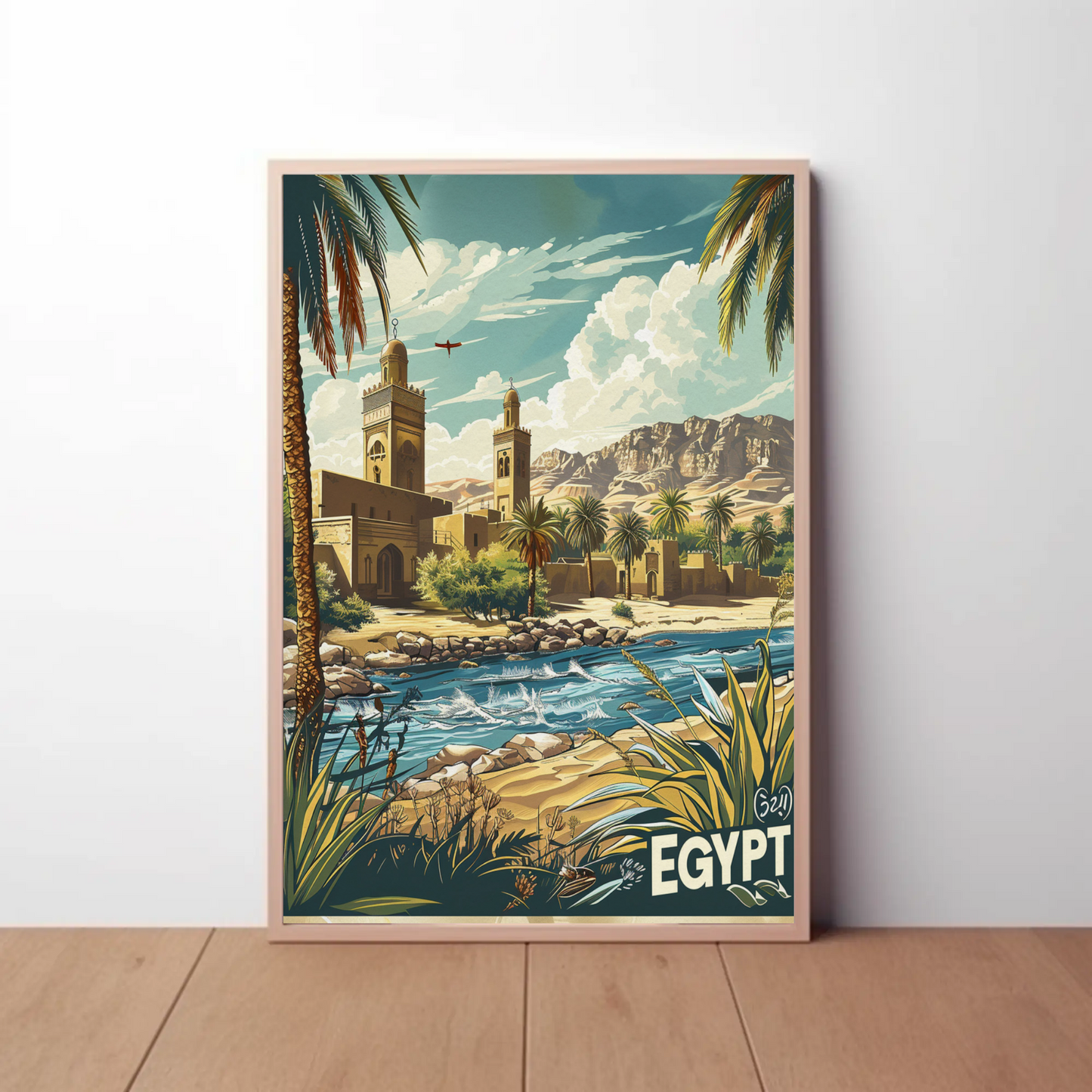 Egypt Desert Mosque and River Travel Poster