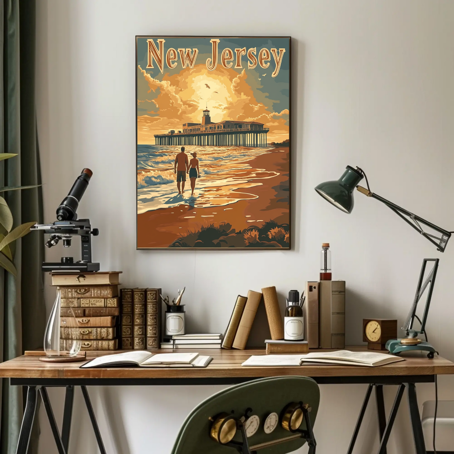 New Jersey Vintage Poster - Sunset at the Pier