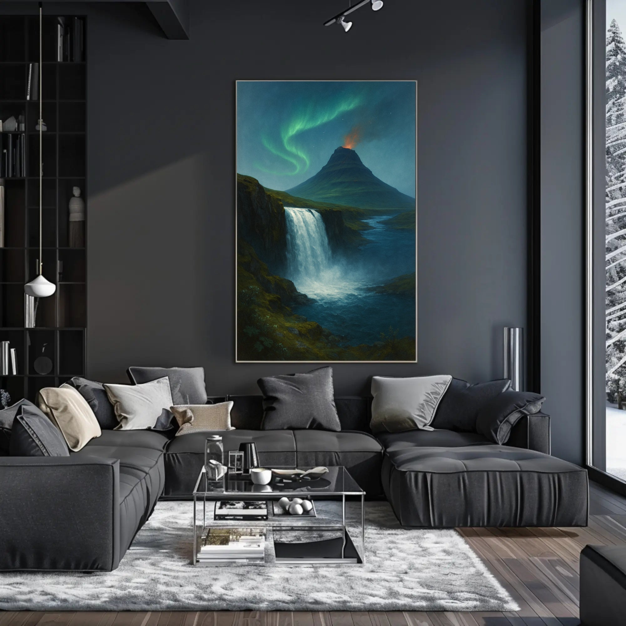 Icelandic Waterfall Under Aurora Borealis National Park Poster