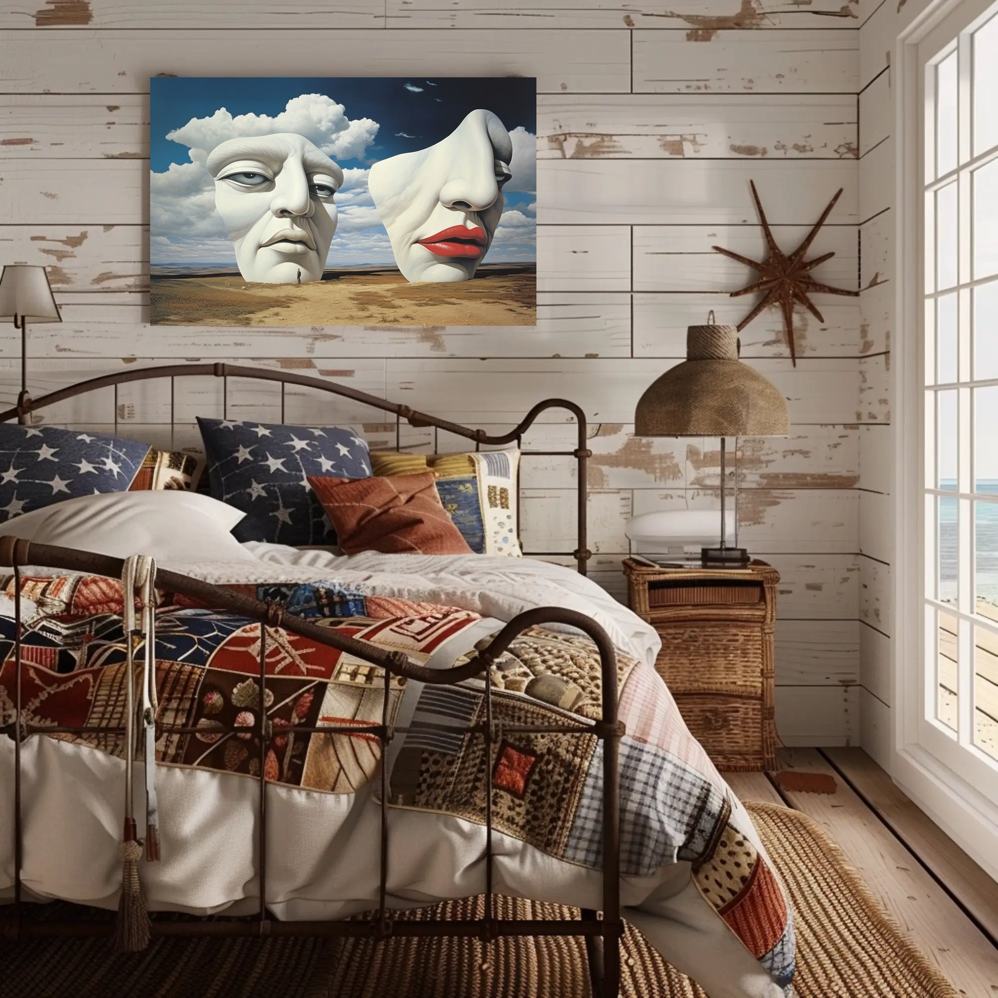 Surreal Sculpted Faces in Desert Landscape Artistic Poster