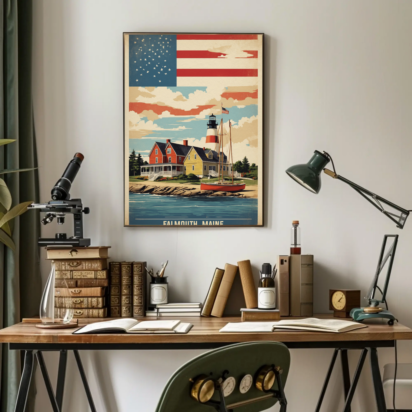 Falmouth Maine Lighthouse Harbor Scene Vintage Travel Poster