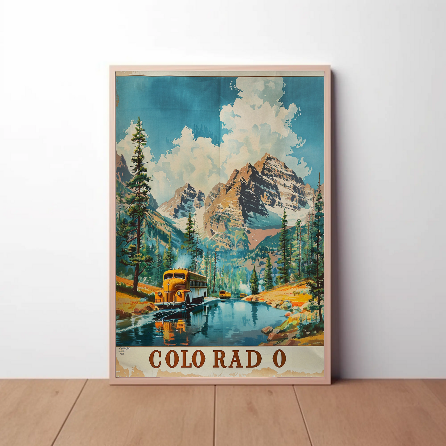 Colorado Rocky Mountains Forest Bus River Travel Poster