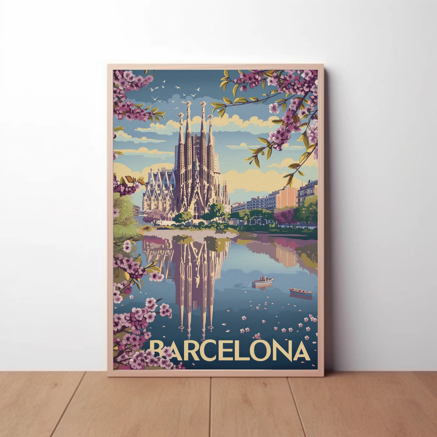 Barcelona Spain Blossoms and Cathedral Travel Poster