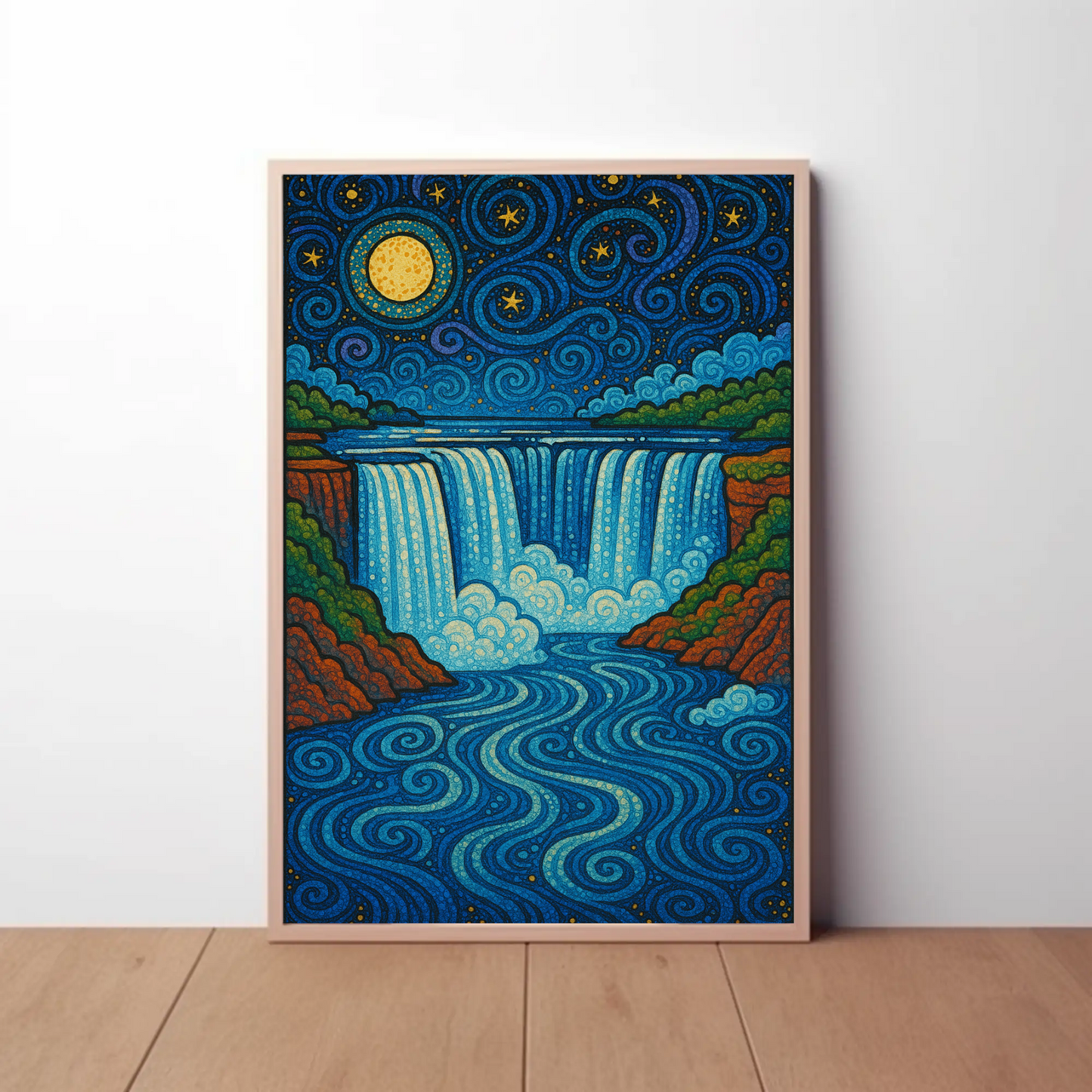 Starry Waterfall Night Moon Swirling Travel Poster