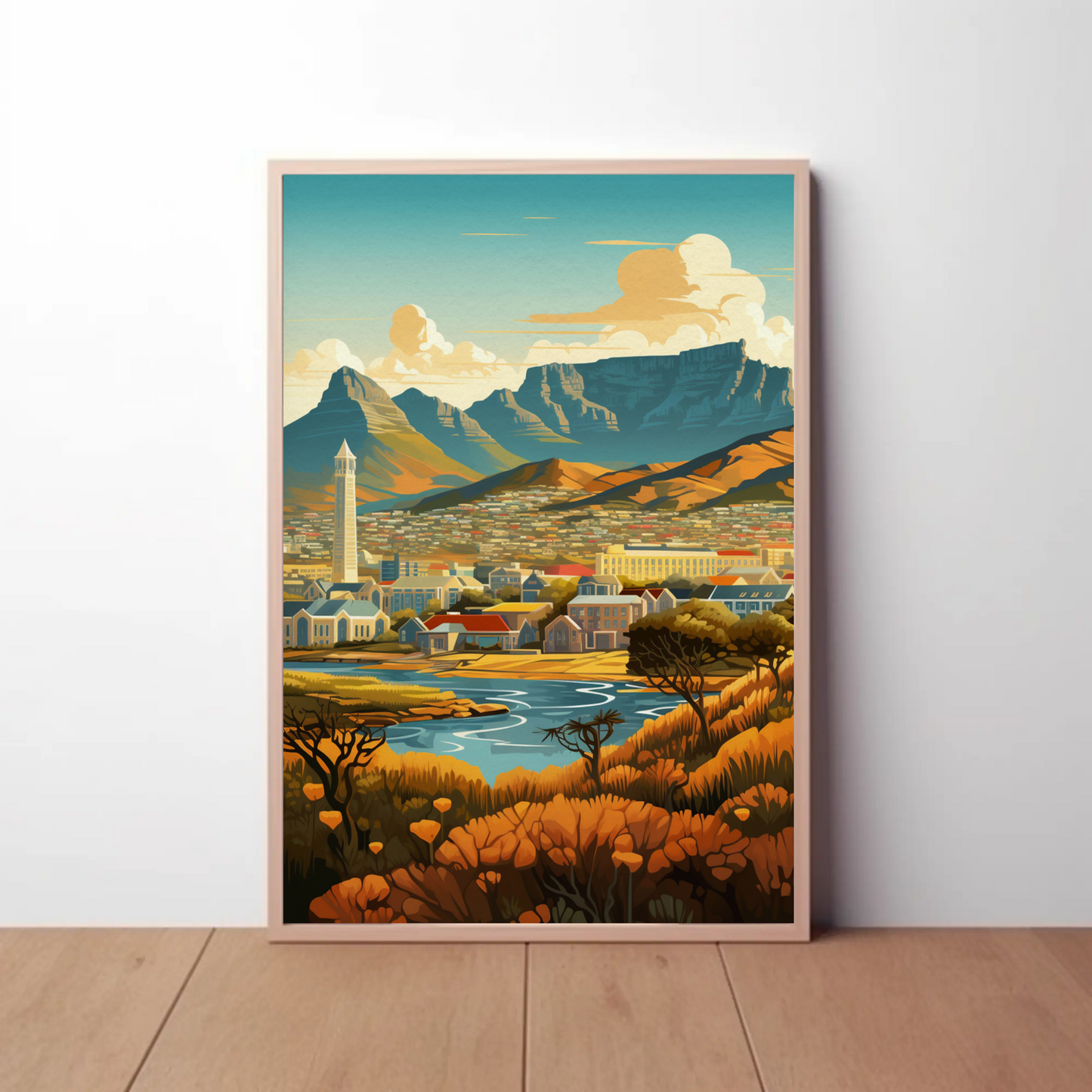 Cape Town Golden Hillside River Valley Mountains Travel Poster