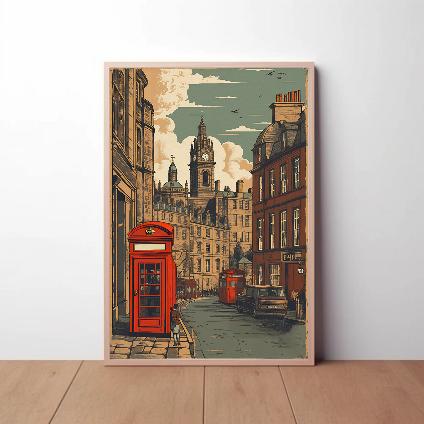 European City Clock Tower Phone Box Vintage Travel Poster