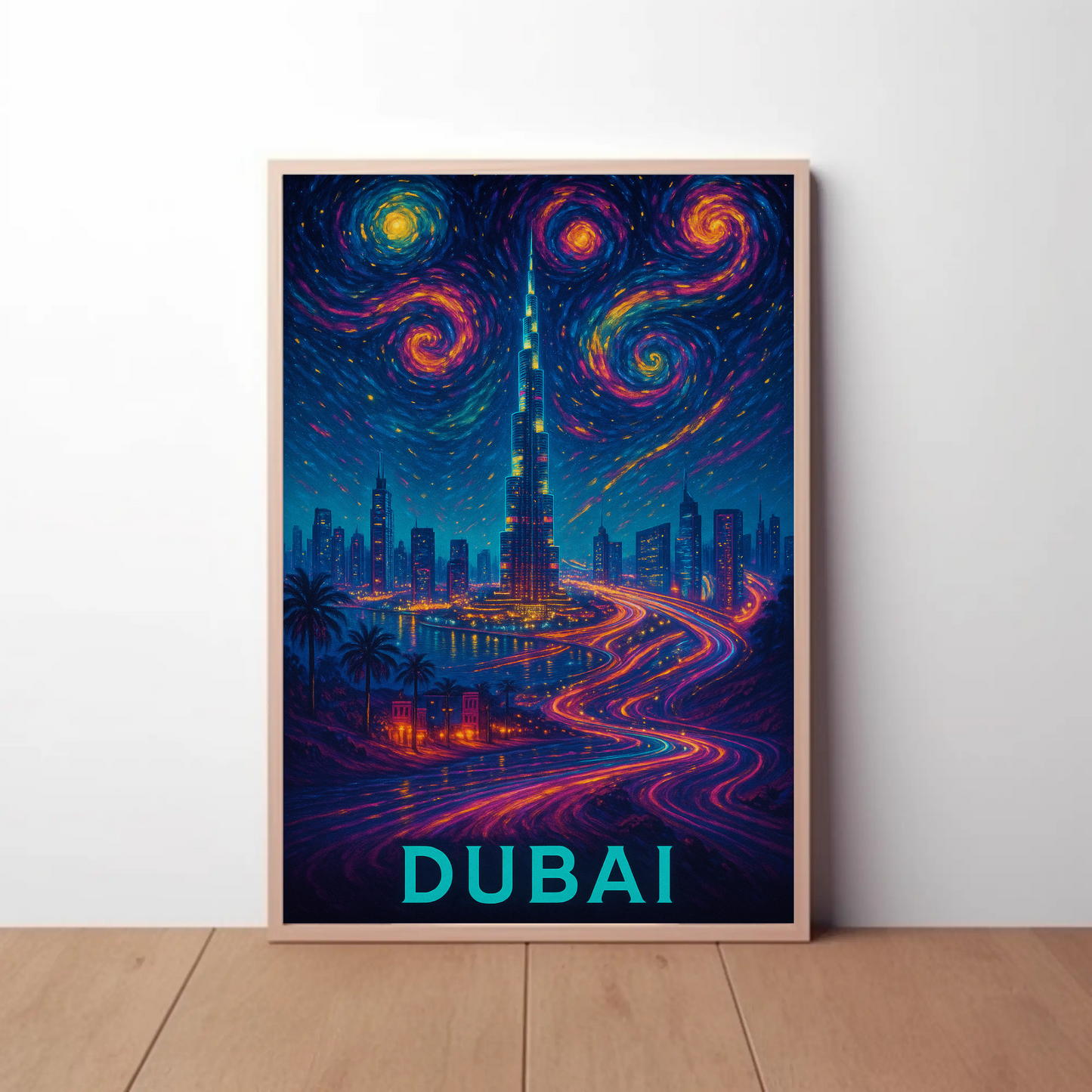 Dubai Burj Khalifa Starry Neon Skyline Night Travel Poster