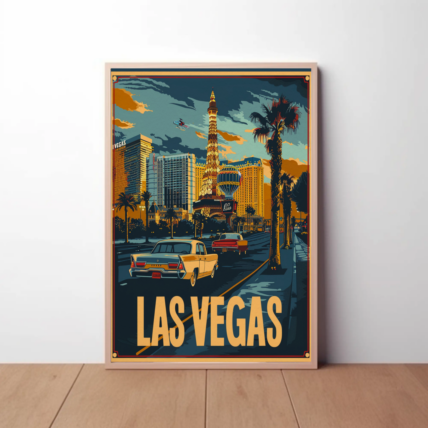Las Vegas Neon Strip Vintage Cars Skyline Travel Poster