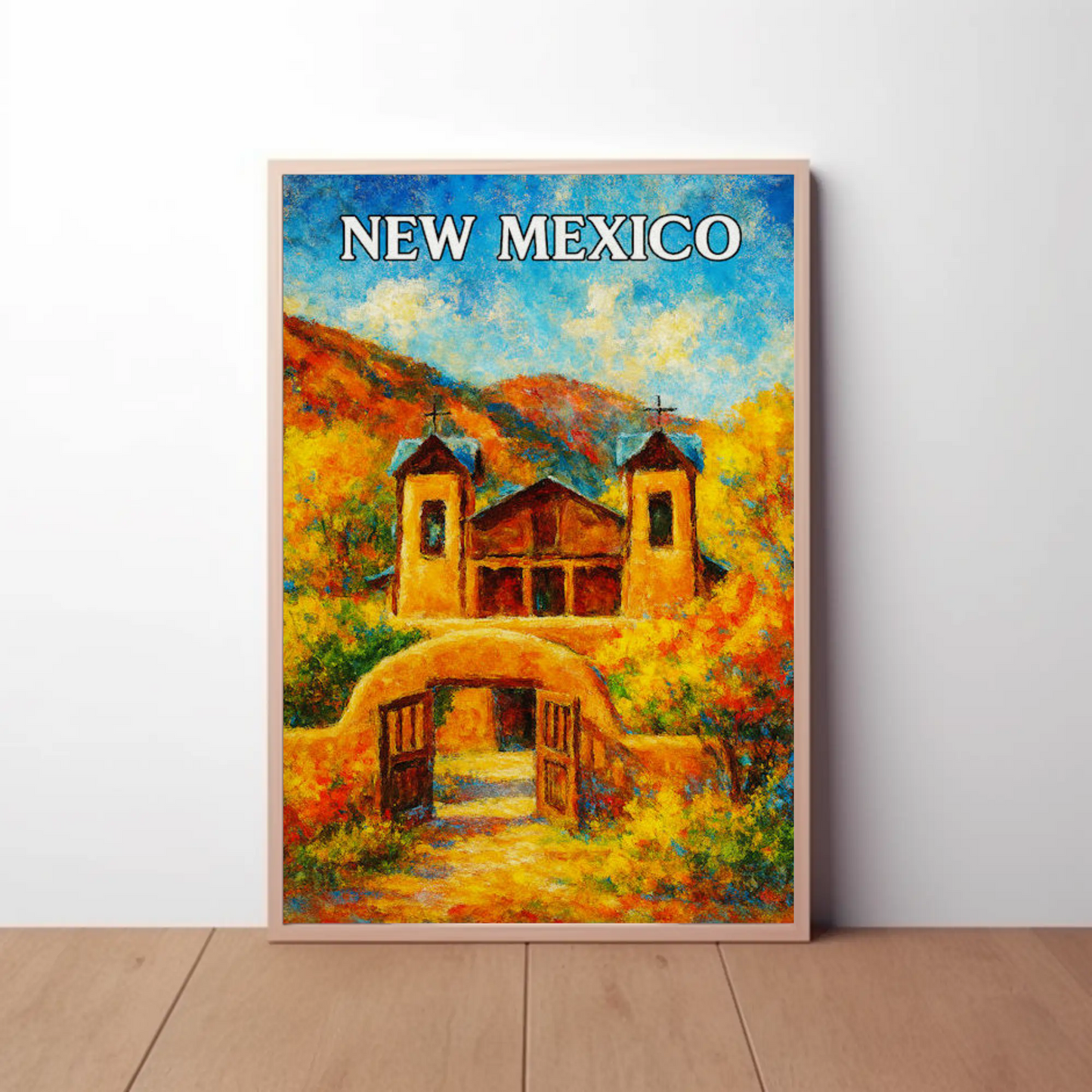 New Mexico Historic Adobe Church Autumn Colors Travel Poster