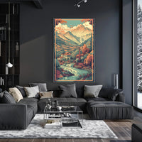Serene Mountain Village: Tranquil Escape with Cascading River Poster